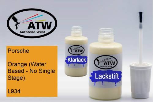 Porsche, Orange (Water Based - No Single Stage), L934: 20ml Lackstift + 20ml Klarlack - Set, von ATW Autoteile West.